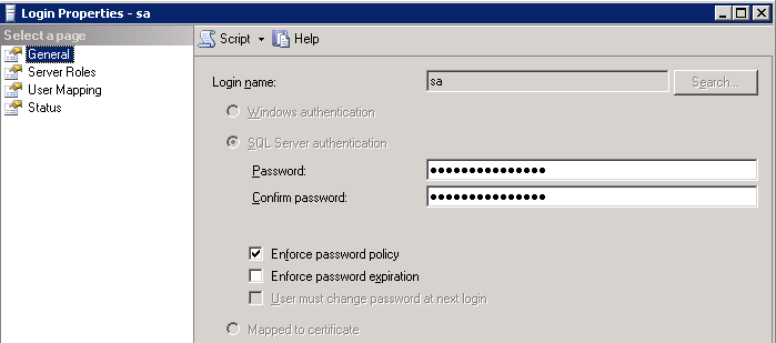 Sql server password default